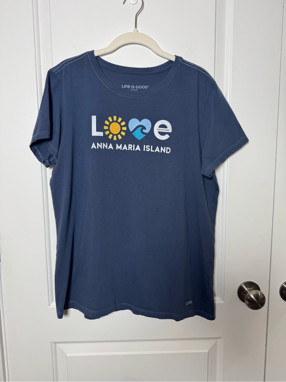 Life Is Good Women’s Large Crusher Tee Anna Maria Island Love Beach Blue T-Shirt